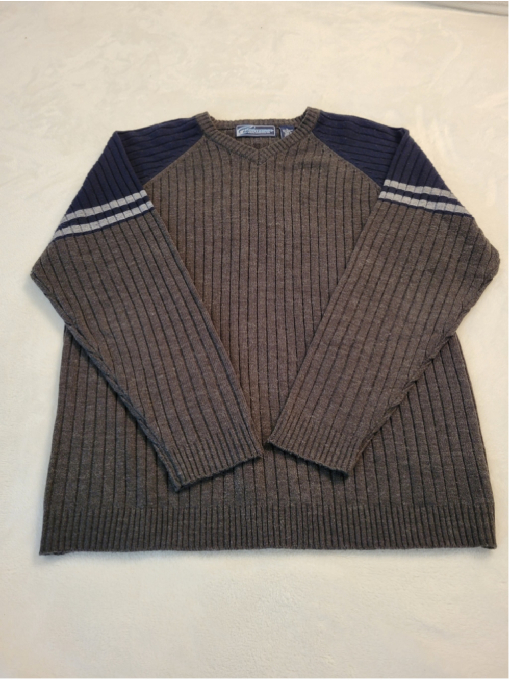 Point Zero Vintage Mens V-Neck Ribbed Knit Sweater Large Brown Navy Wool Blend